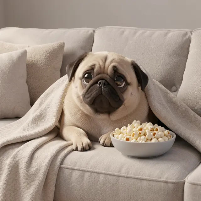 Cute round pug wrapped in a blanket sits on a sofa next to a bowl of popcorn