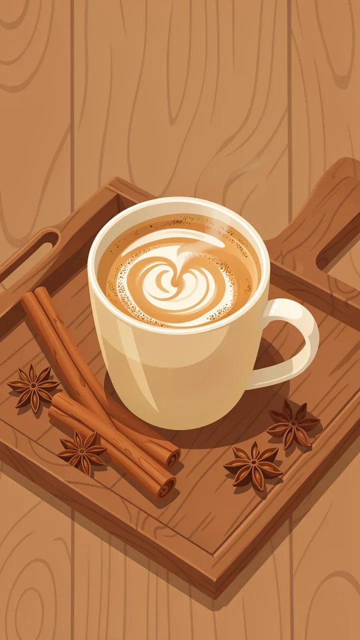 Cream mug of spiced latte with foam art sits on a wooden tray with cinnamon sticks and star anise