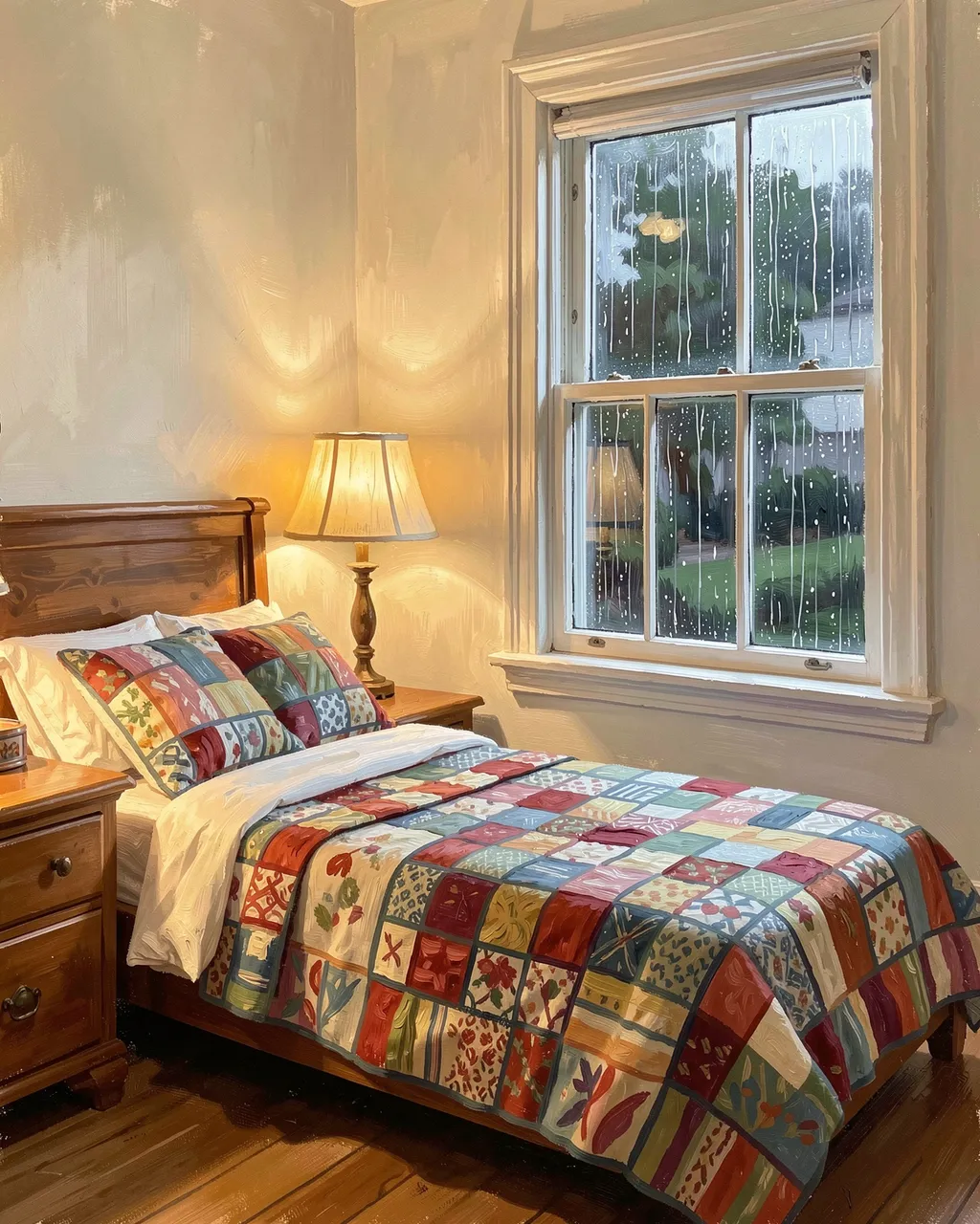 Gouache painting of a cozy bedroom with a patchwork quilt, glowing lamp, and raindrops on the window