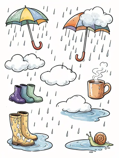 Hand-drawn doodle set of rainy day elements including umbrellas, rain boots, clouds, a steaming mug, puddles and a snail on