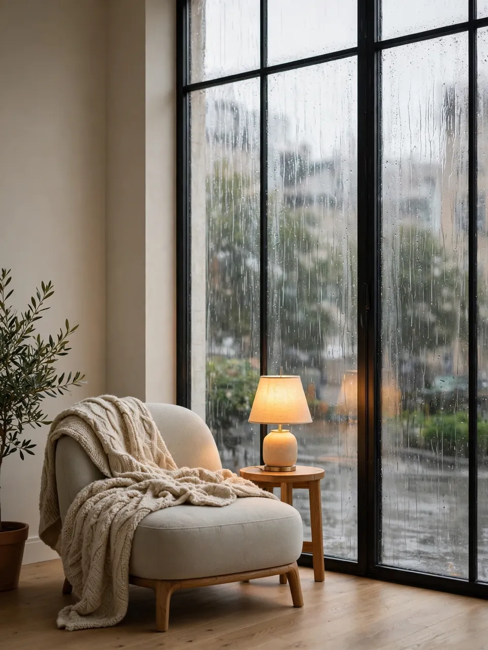 Plush armchair with a knit blanket sits beside a glowing lamp next to a rain-streaked tall window
