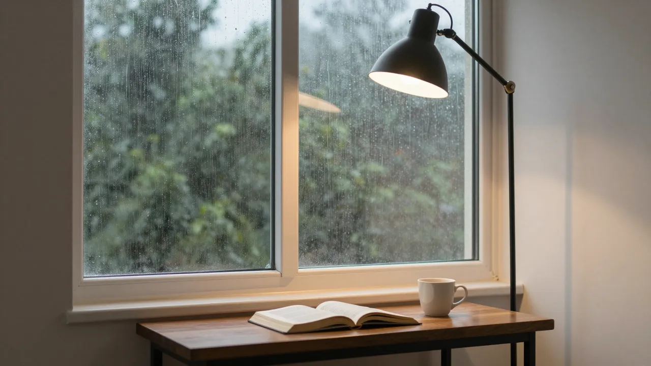 A lit floor lamp, open book and mug sit on a wooden desk beside a rain-streaked tall window.