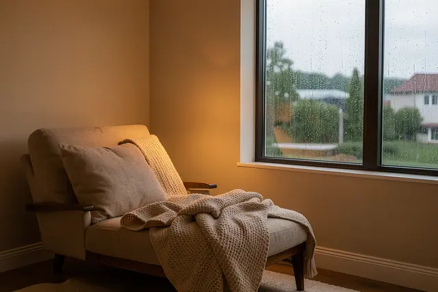 A low upholstered lounge chair with knit blankets sits beside a rain-streaked tall window