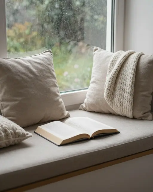 An open book rests on a cushioned window seat with knit pillows, as rain streaks down the outside window glass.