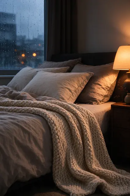 A warm lit bedroom with stacked linen pillows, chunky knit blanket, and raindrops on the window at dusk
