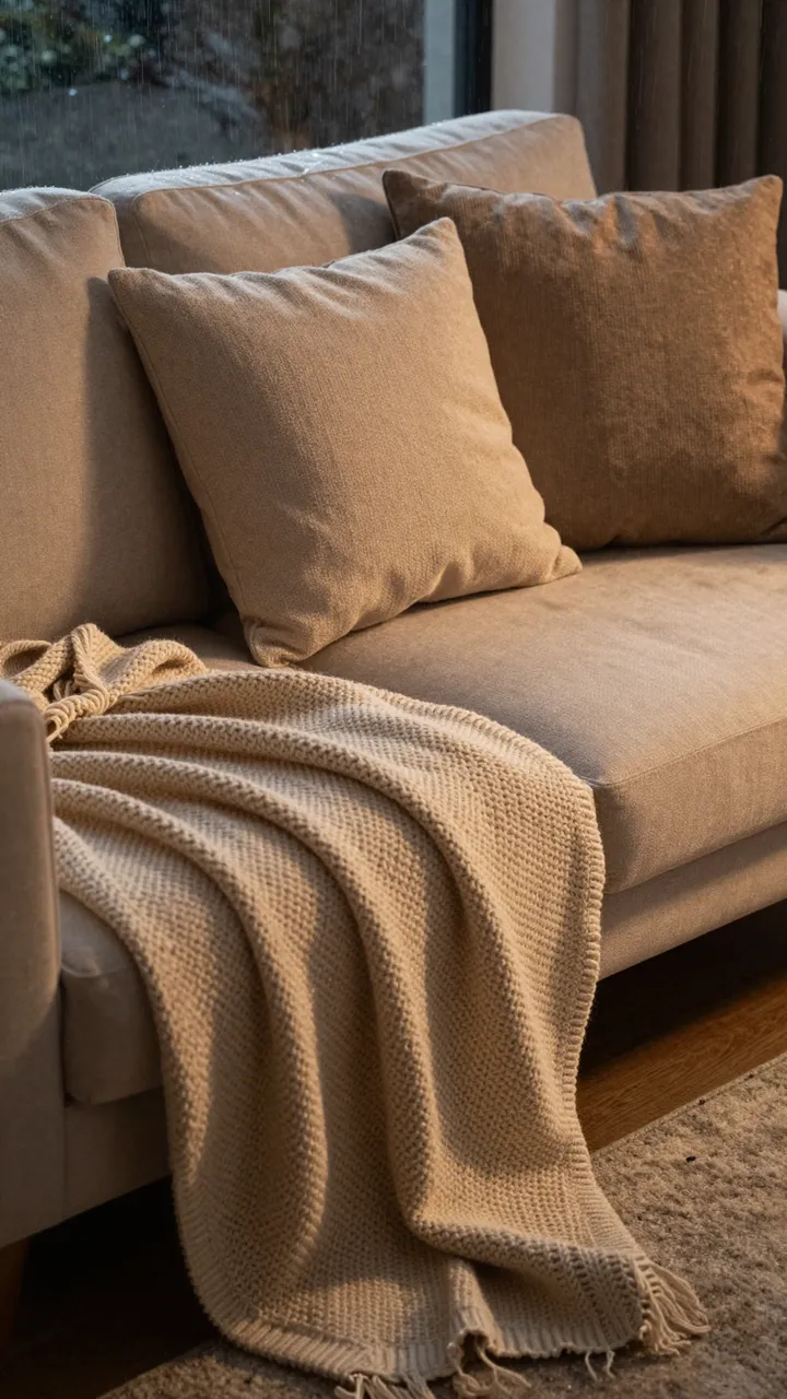 Warm lamplight falls on a knit throw and linen pillows on a neutral sofa beside a rainy window.