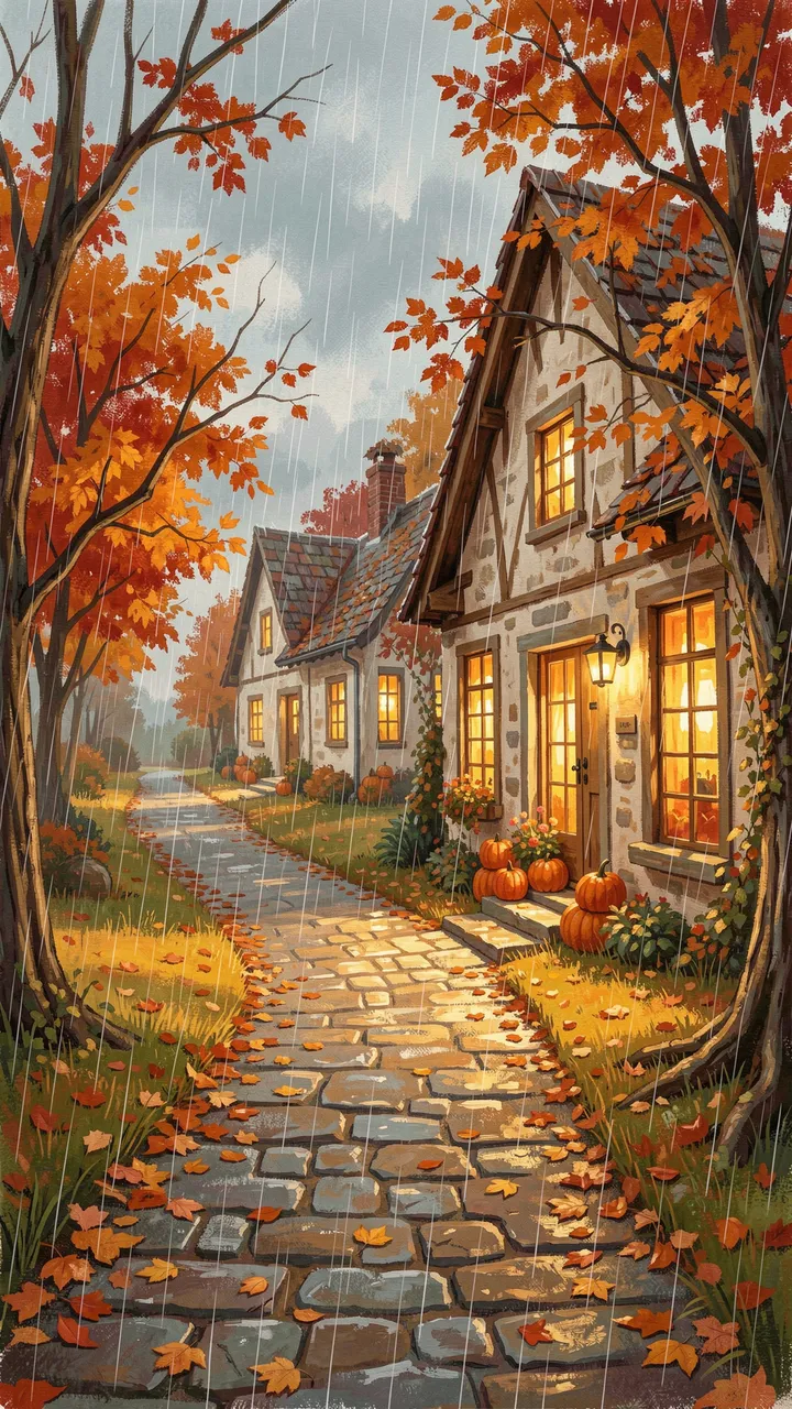 Gouache illustration of a rainy autumn cottage lane with glowing windows and pumpkins on doorsteps