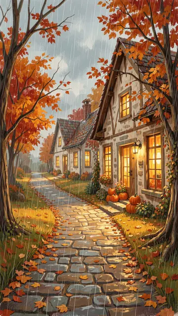 Gouache illustration of a rainy autumn cottage lane with glowing windows and pumpkins on doorsteps
