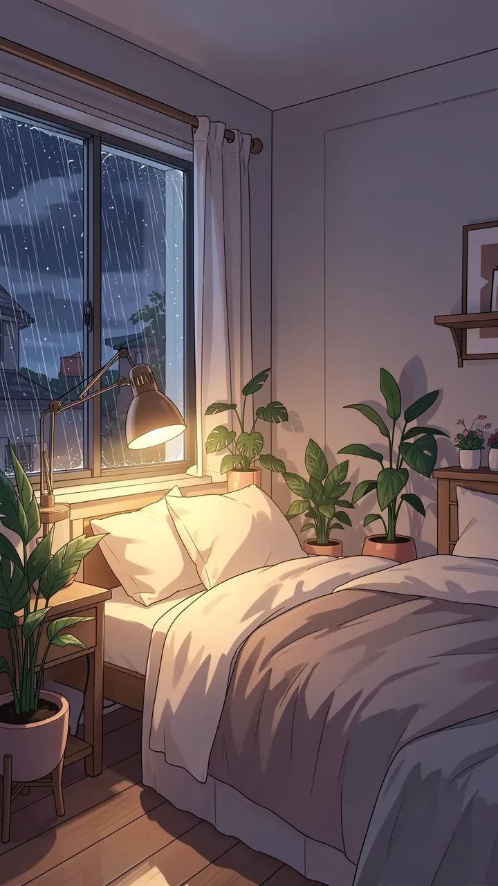 Warm lit anime style cozy bedroom at night with rain streaking the window and potted houseplants.