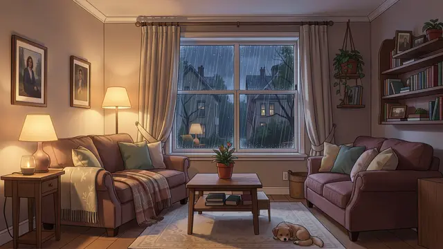 Warm lit cozy living room with a puppy resting on a rug while rain falls on the window at night