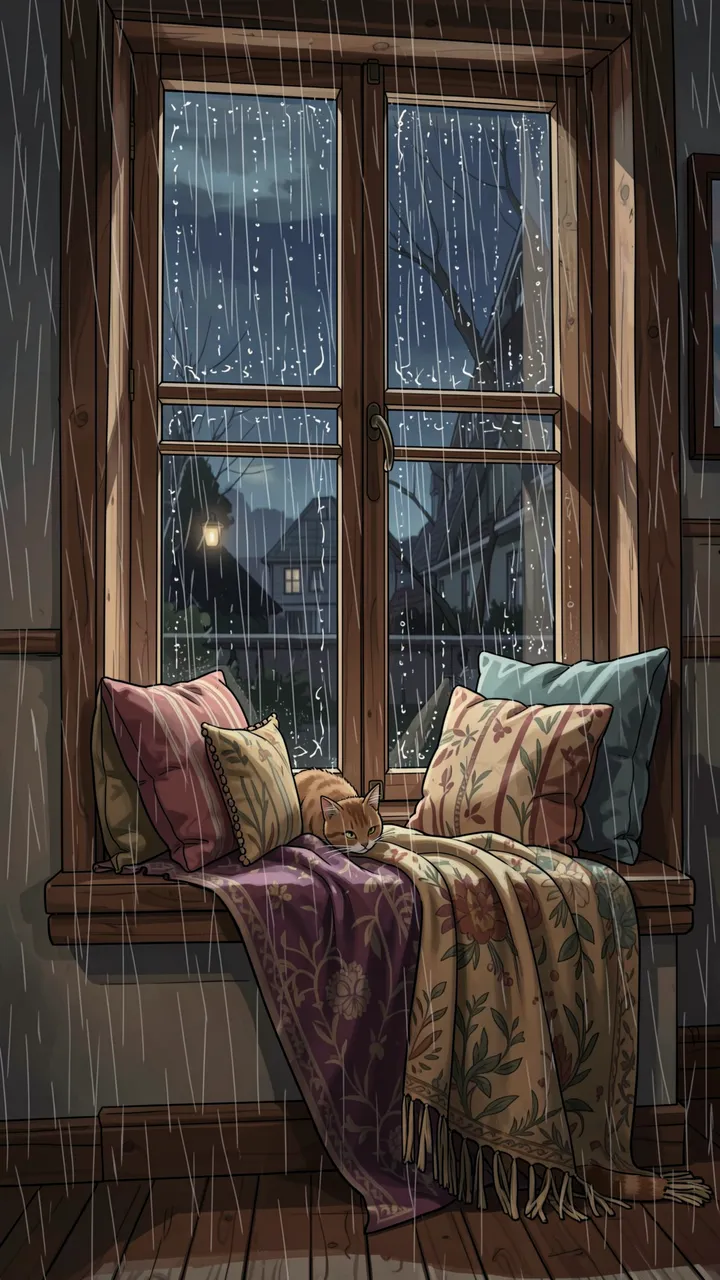 An orange tabby cat rests on a plush blanket atop a wooden window seat during a rainy evening