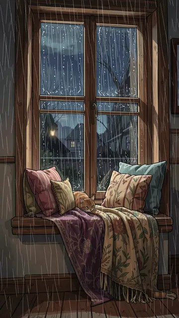 An orange tabby cat rests on a plush blanket atop a wooden window seat during a rainy evening