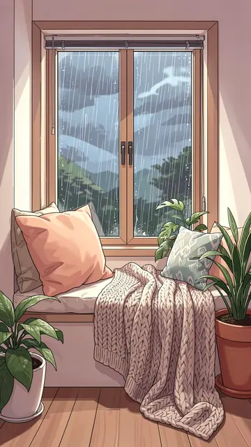 Anime-style illustration of a window seat nook with cushions, knit blanket, potted plants and falling rain outside