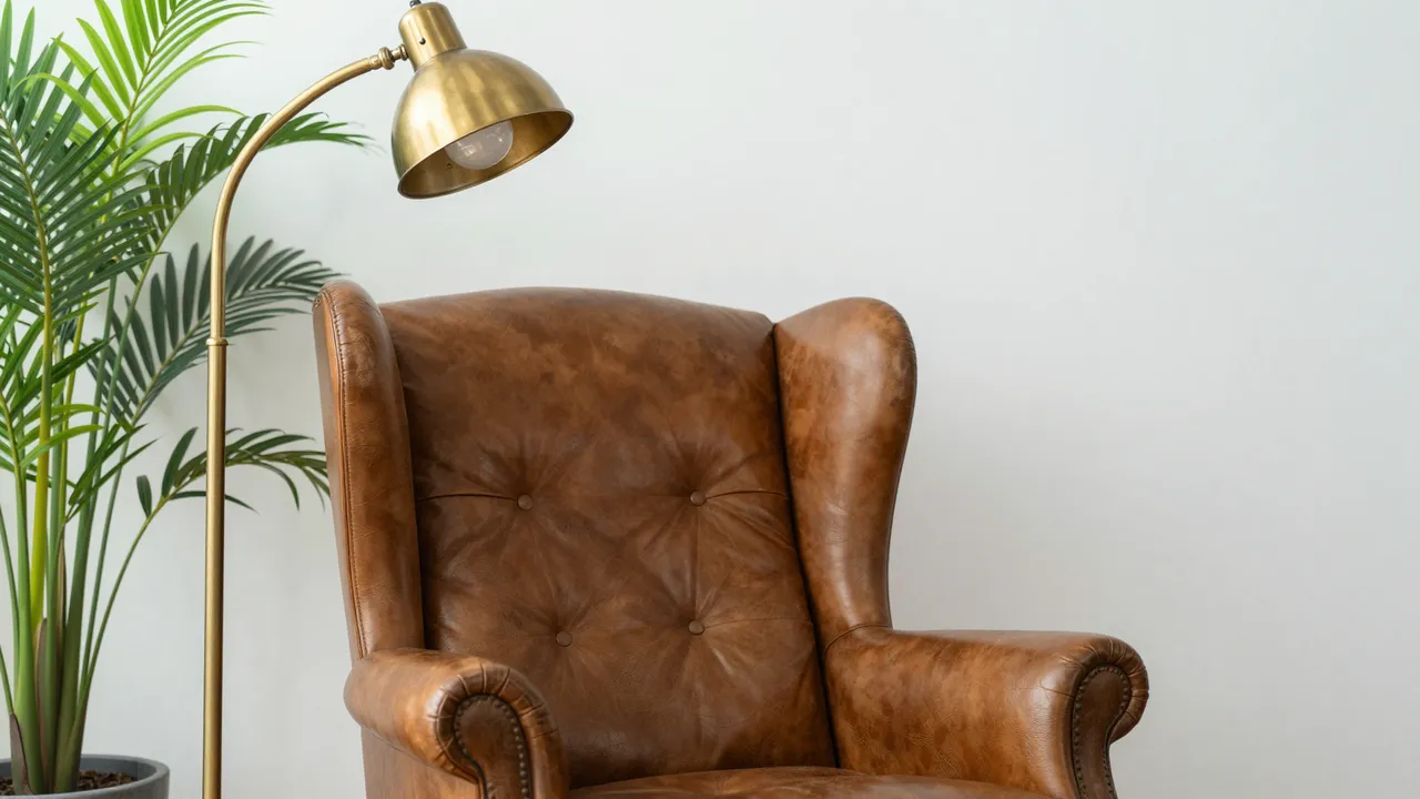 A tufted brown leather wingback chair sits beside a brass floor lamp and potted palm against a plain light wall