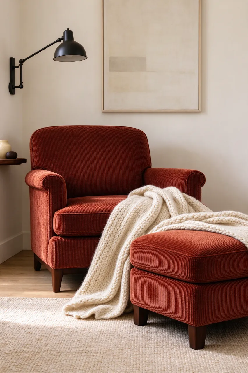 A rust corduroy armchair and ottoman with a knit throw sit beside a wall-mounted swing lamp in a quiet interior reading nook