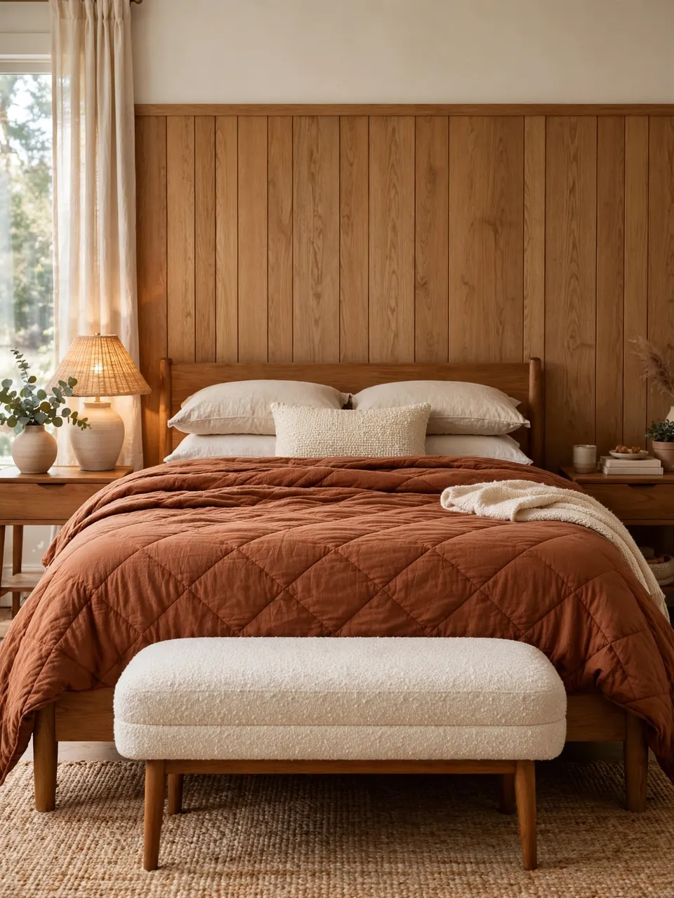 Warm cozy bedroom with wood paneling, rust quilted duvet and bouclé bench at the foot of the bed