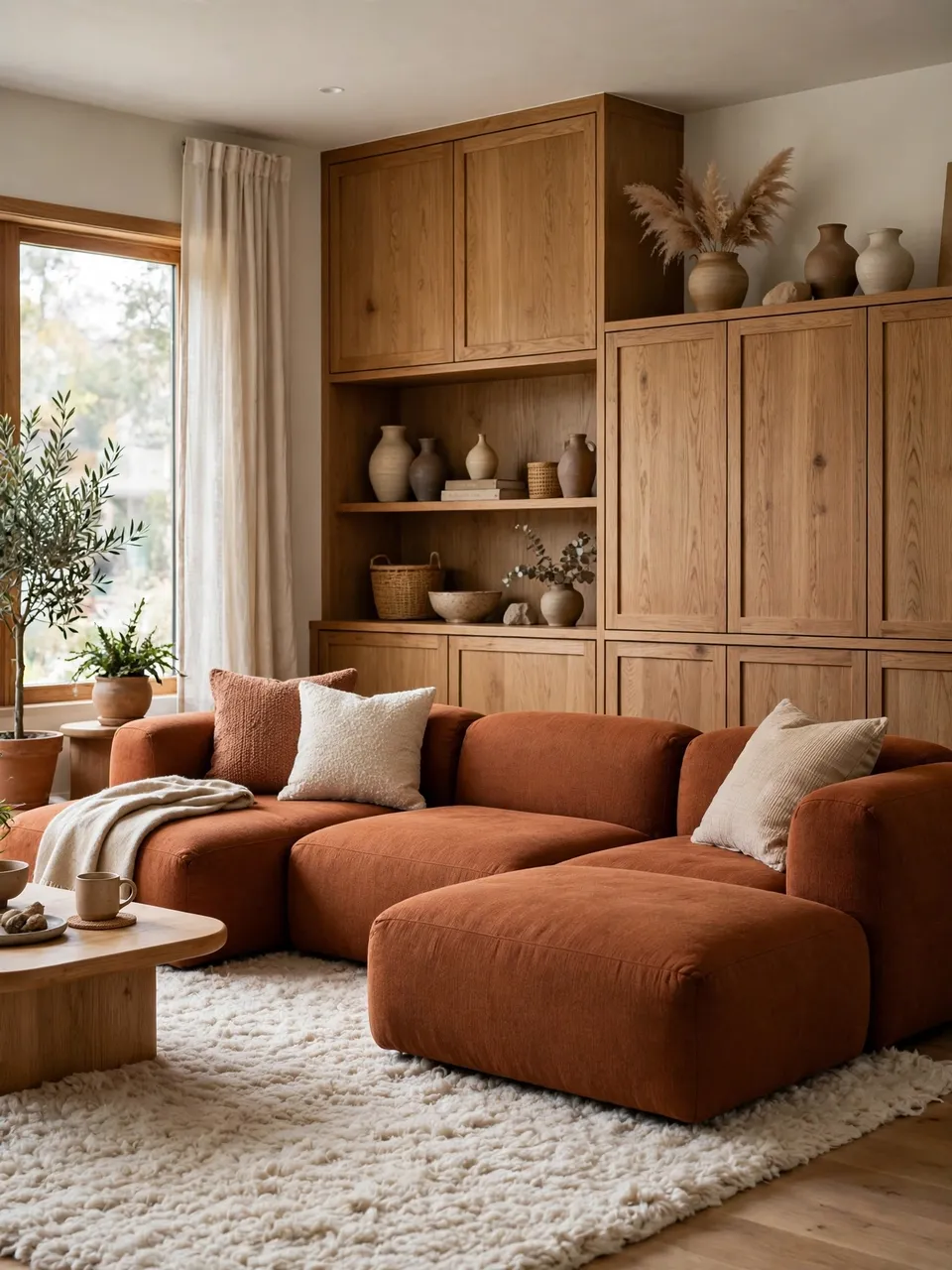 A warm minimalist living room features a rust modular sectional, shag rug and built-in oak cabinetry.