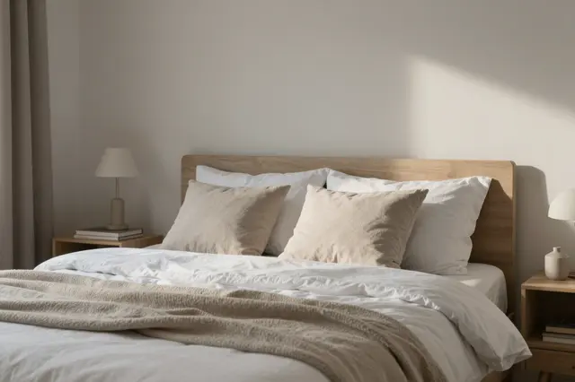 Sunlit neutral toned Scandinavian bedroom with wooden bed, linen bedding and matching nightstands