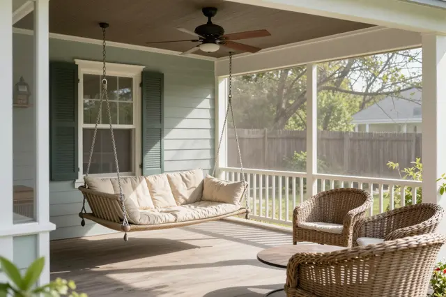 Bright summer afternoon view of a screened porch with a hanging daybed swing, ceiling fan and wicker seating.