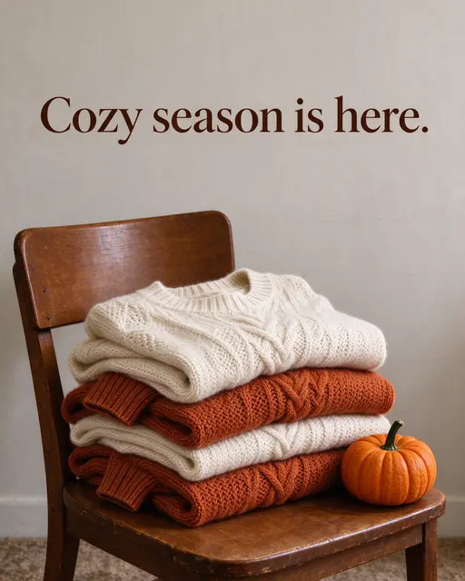 Stack of cream and rust knit sweaters on a wooden chair next to a small pumpkin, with "Cozy season is here." text above.