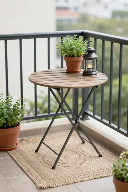 Folding bistro table, potted herbs, lit lantern, and woven rug arranged on a compact apartment balcony