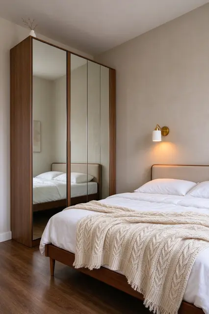 Minimalist small bedroom with mirrored wardrobe, wooden bed, knit throw and brass wall sconce