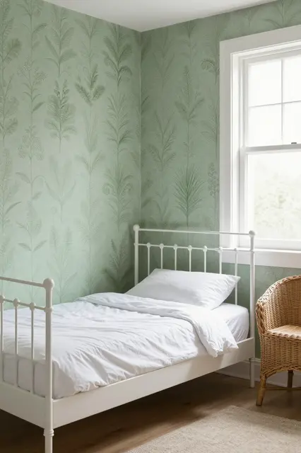 Bright small bedroom with soft green botanical wallpaper, white iron bed and wicker chair by a window.