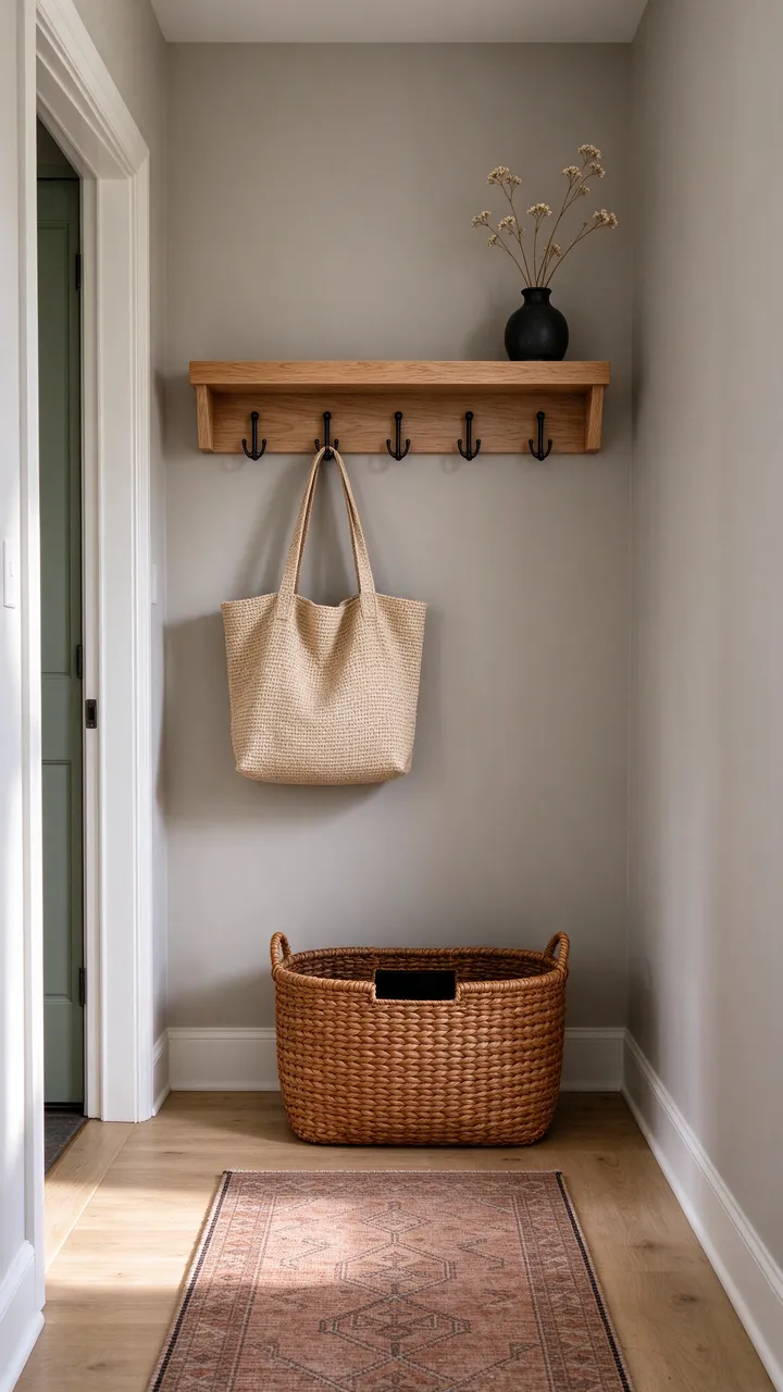 Minimalist entryway with wall-mounted oak shelf, hooks, woven storage basket and patterned runner rug.