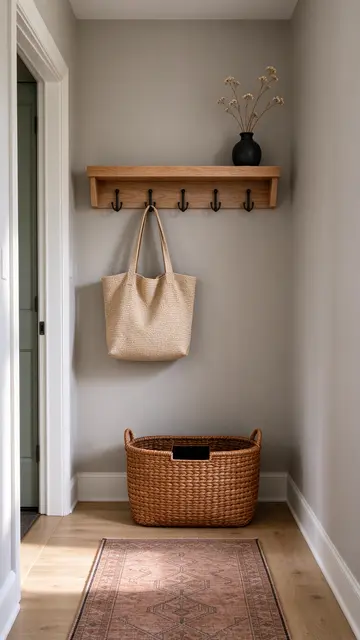Minimalist entryway with wall-mounted oak shelf, hooks, woven storage basket and patterned runner rug.