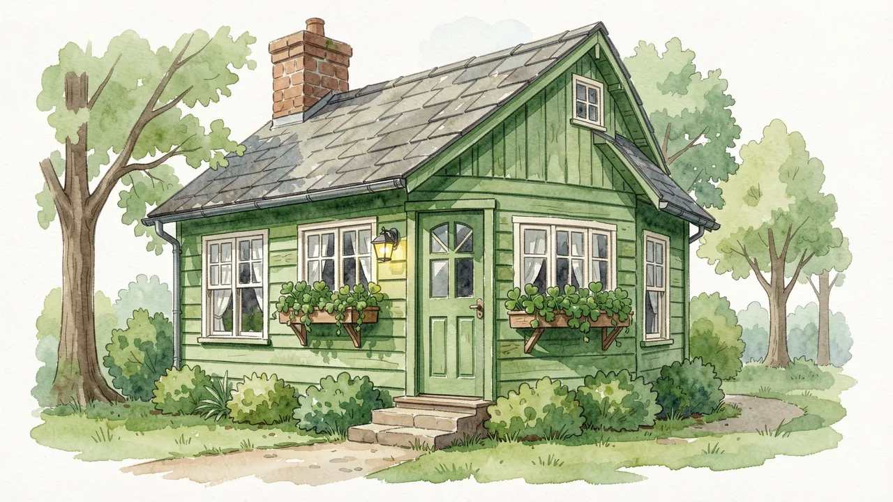 Watercolor illustration of a green cottage with clover filled window boxes surrounded by leafy trees