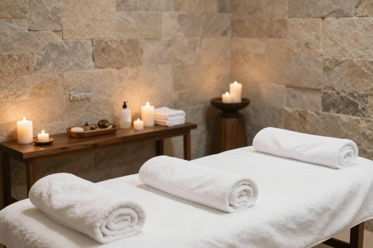 Massage table with rolled white towels sits beside a wooden side table with lit candles against stone walls