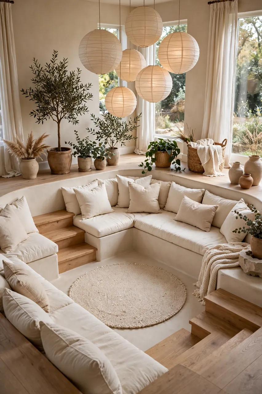 Bright neutral sunken living room conversation pit with cream cushions, round rug and hanging paper lanterns