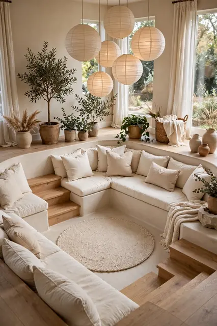 Bright neutral sunken living room conversation pit with cream cushions, round rug and hanging paper lanterns