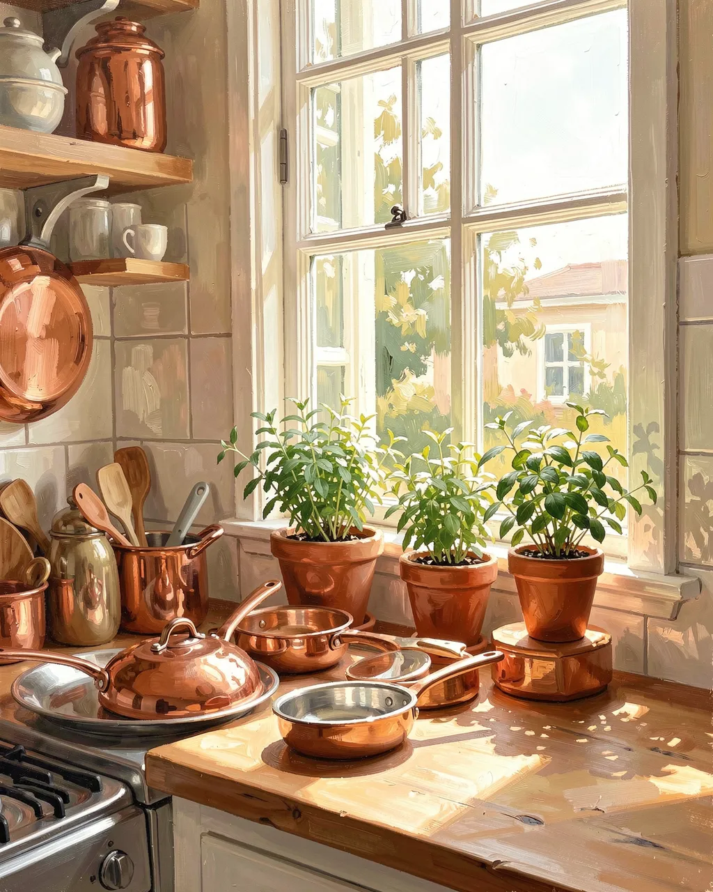Acrylic painting of a sunlit kitchen corner with copper cookware, potted herbs on the windowsill, and wooden shelves