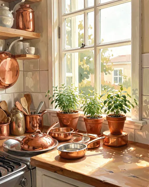 Acrylic painting of a sunlit kitchen corner with copper cookware, potted herbs on the windowsill, and wooden shelves