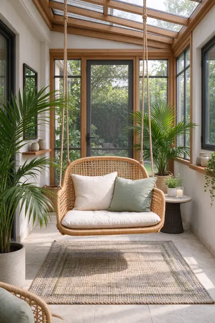 Bright enclosed sunroom featuring a woven hanging swing seat, potted palms and natural light from glass windows