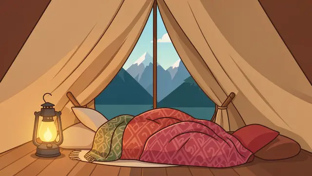 Inside a canvas tent, patterned blankets and a lit lantern sit beside the tent opening overlooking snow-capped mountains.