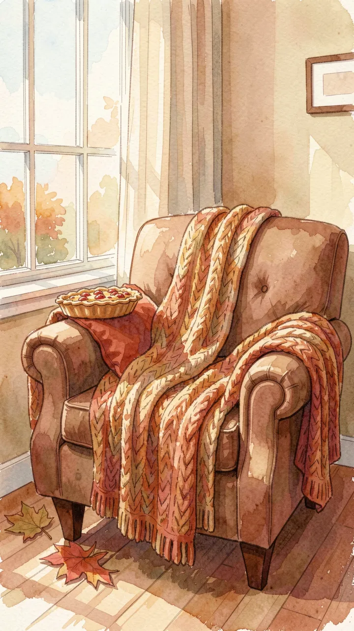 Watercolor illustration of a brown armchair with a knit blanket, pie, and autumn leaves by a sunlit window