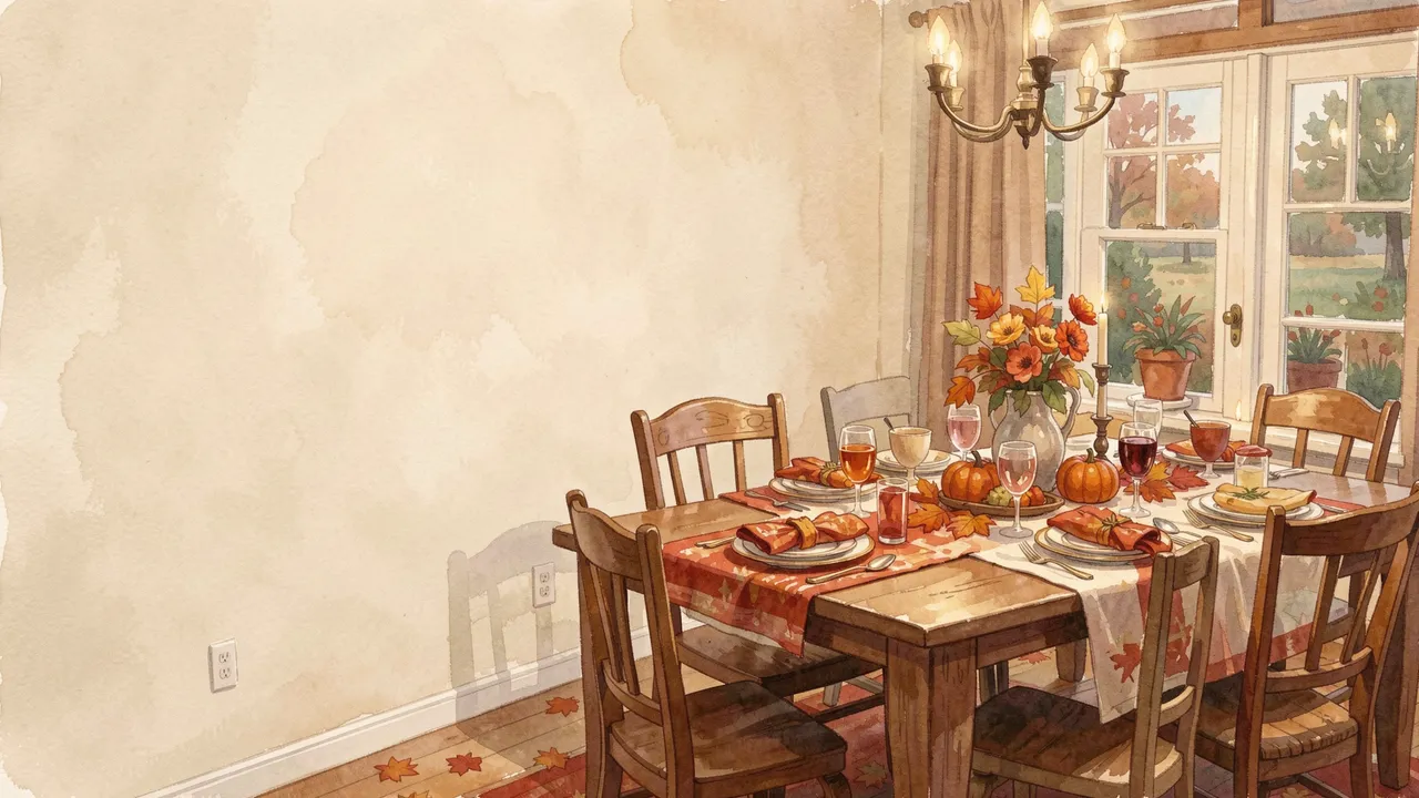 Gouache illustration of a set Thanksgiving dining table with large empty blank wall space on the left.