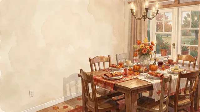 Gouache illustration of a set Thanksgiving dining table with large empty blank wall space on the left.