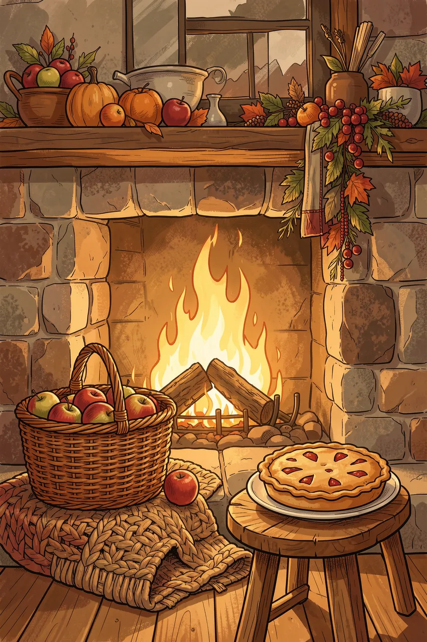 Storybook illustration of a glowing stone fireplace with apple basket, knit throw, and pie on a stool