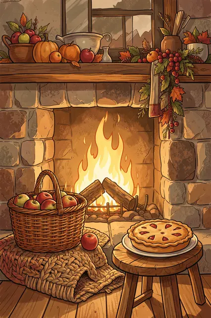 Storybook illustration of a glowing stone fireplace with apple basket, knit throw, and pie on a stool