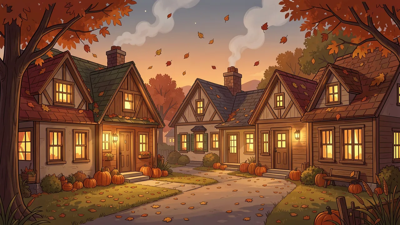 Warm half-timbered village houses line a quiet street at dusk, with glowing windows, smoking chimneys, falling autumn leaves