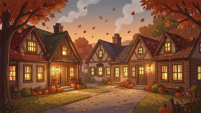 Warm half-timbered village houses line a quiet street at dusk, with glowing windows, smoking chimneys, falling autumn leaves