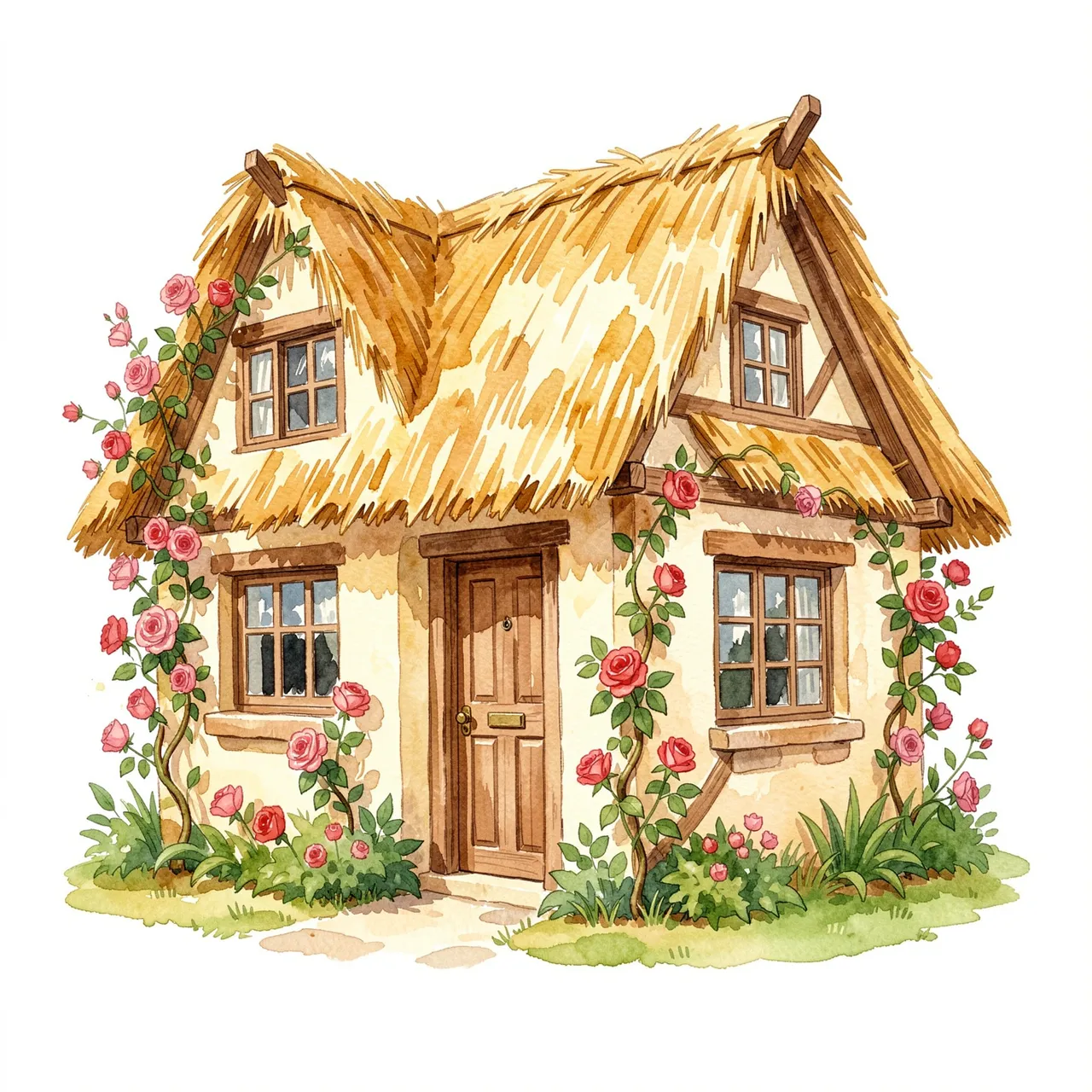 Watercolor illustration of a cozy thatched cottage with climbing pink and red roses on a plain white background