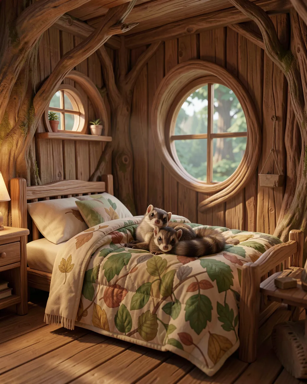 Two small flying squirrel-like animals rest on a leaf quilt atop a wooden treehouse bedroom bed with round windows
