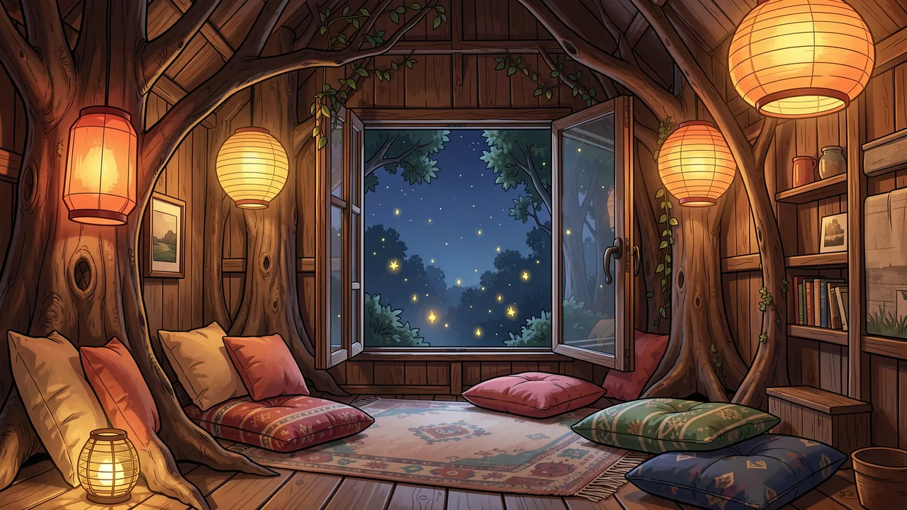 Warm lit treehouse room at night with paper lanterns, floor cushions, and fireflies outside the open window