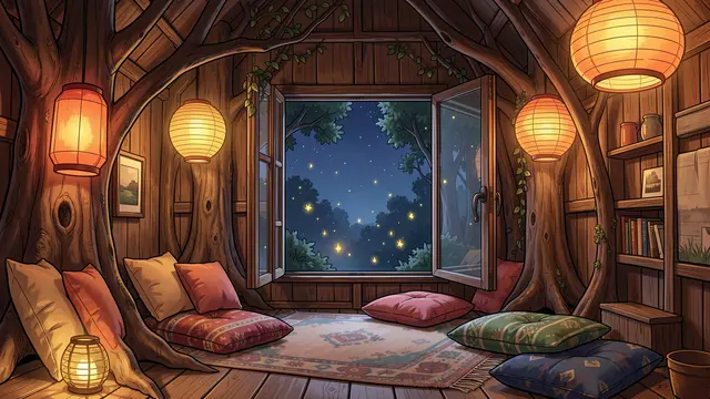Warm lit treehouse room at night with paper lanterns, floor cushions, and fireflies outside the open window