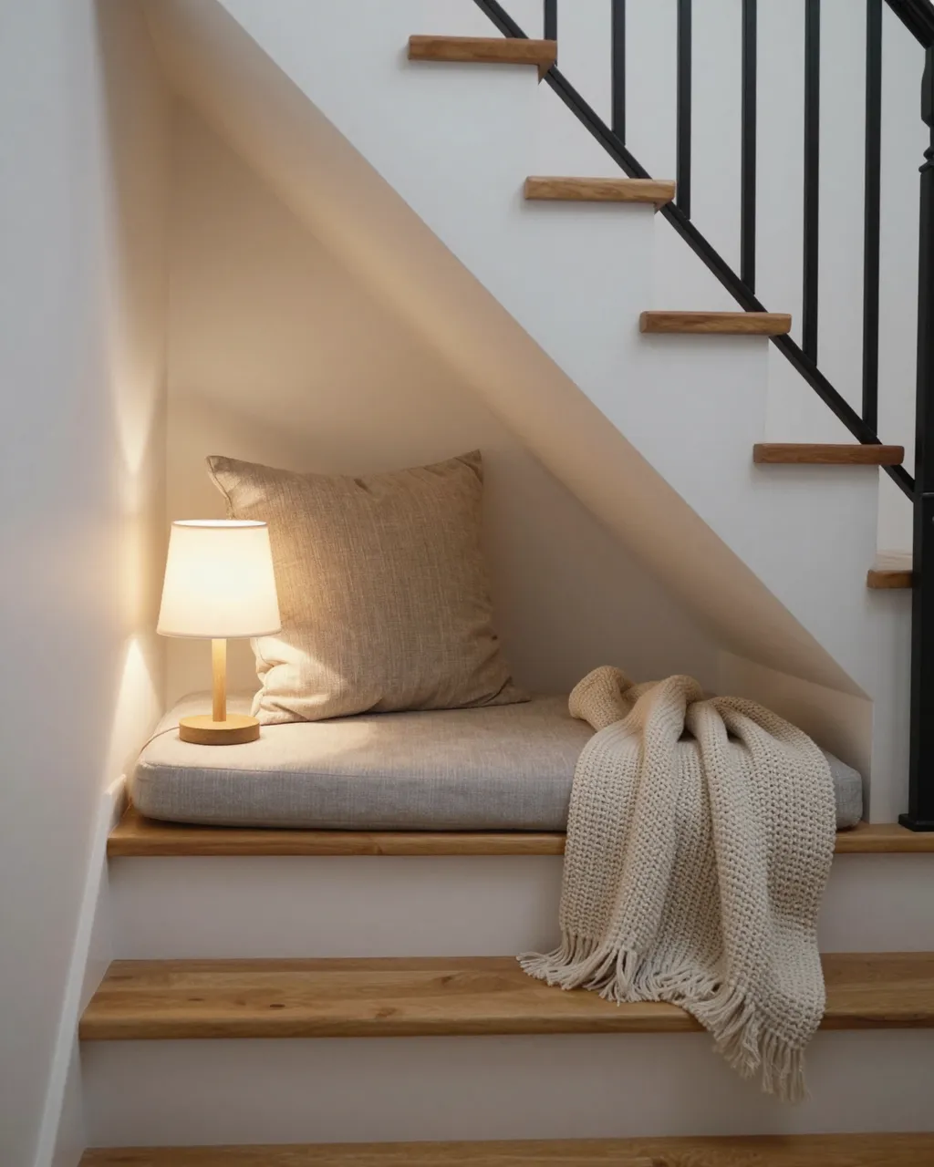 A cushioned built-in nook under a staircase holds a lit table lamp, linen pillow and knitted throw blanket.