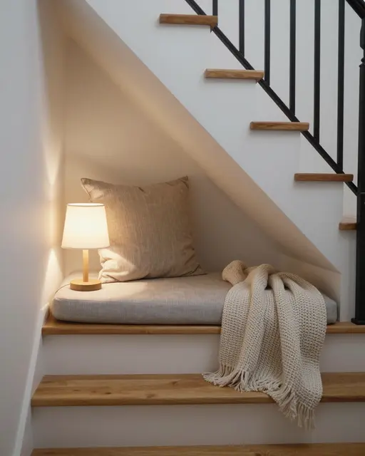 A cushioned built-in nook under a staircase holds a lit table lamp, linen pillow and knitted throw blanket.